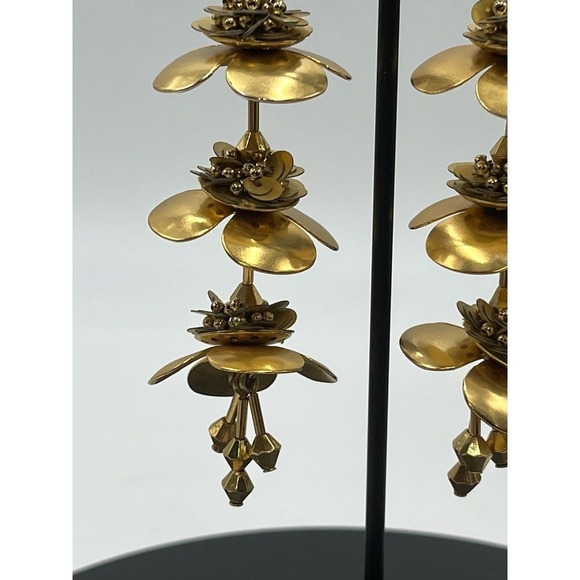 J. Crew Bead & Blossom Gold Tone Long Triple Flower Dangle Gilded Earrings - Picture 7 of 14